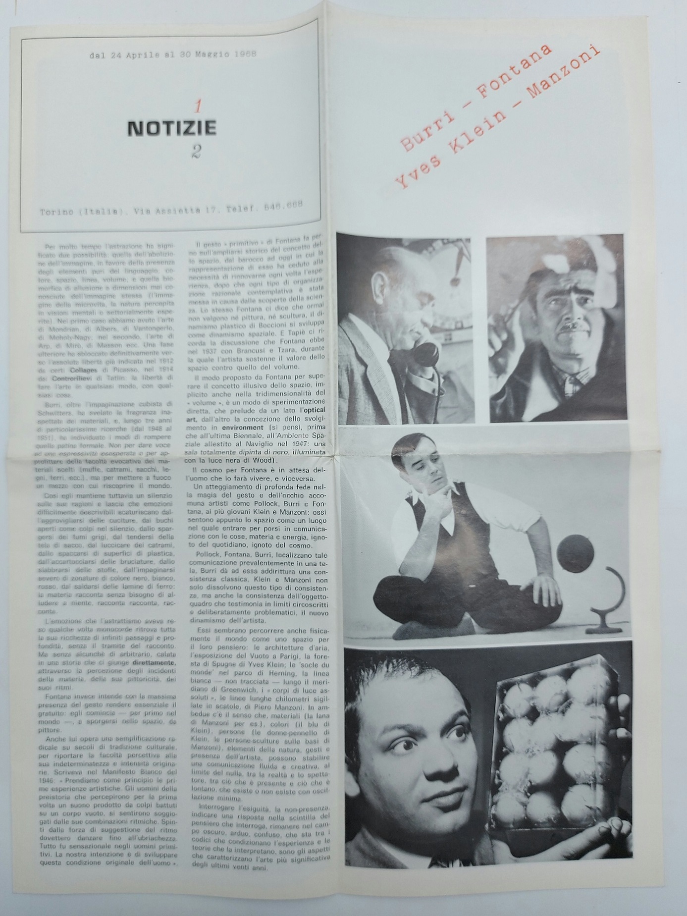 Burri, Fontana, Yves Klein, Manzoni dal 24 aprile al 30 maggio 1968. Notizie 1/2, Torino, Via Assietta